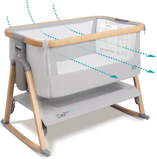 CoZee® Air Baby Bassinet & Bedside Sleeper - Rocking Bassinet for Baby, Fast-Folding with Travel Bag, Deluxe Airflow Mattress & 6 Mattress Heights, 0-6 Months (Silver & Oak)