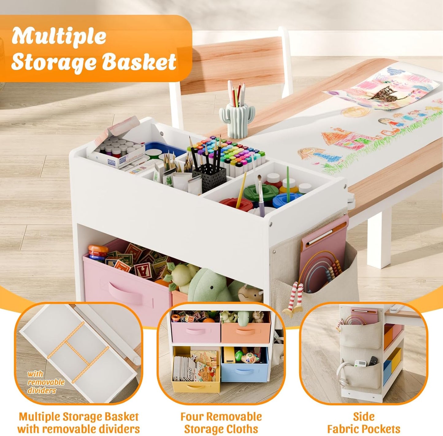 Kids Art Table and Chair - Toddler Craft Table and Chairs Set with 2 Chair & Bins, Large Storage Kids Activity Desk with Paper Roll for Playrooms & Classroom, 40" L x 20" W, Natural