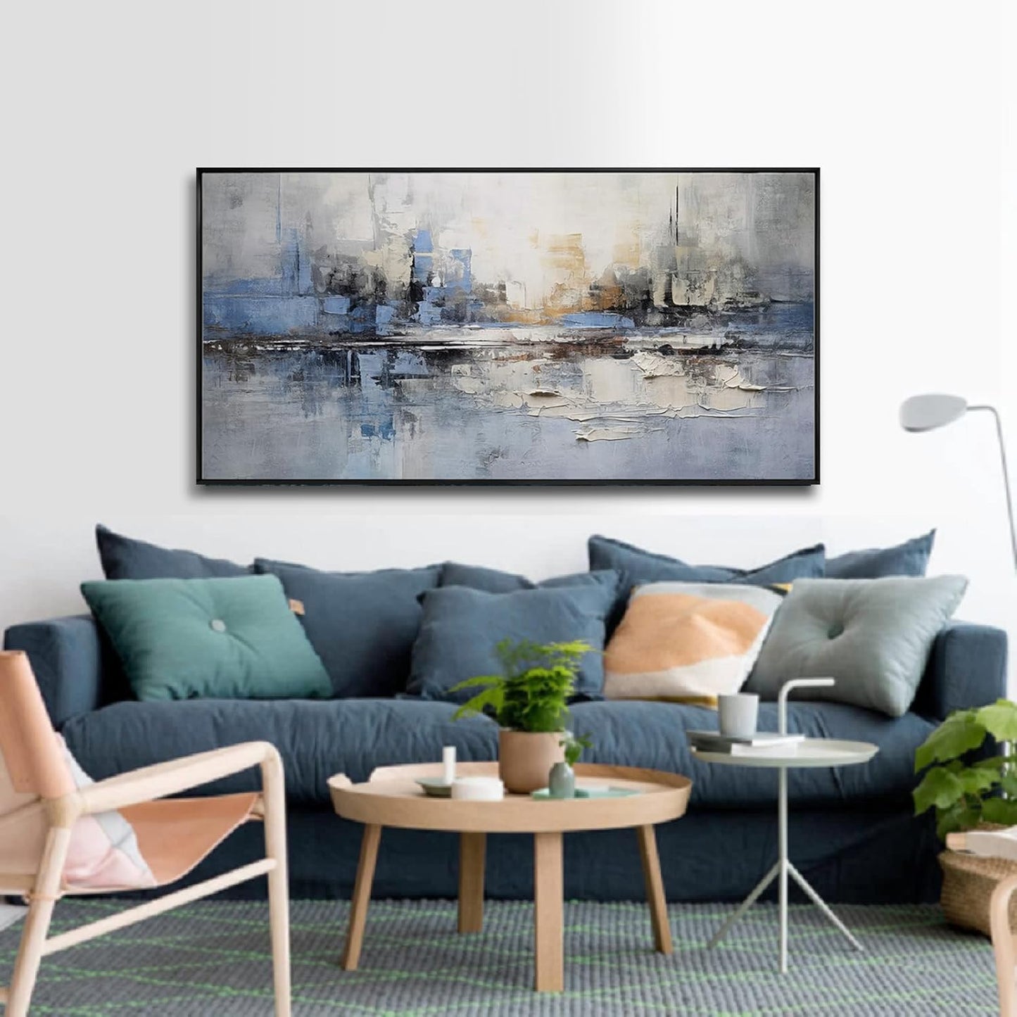 Abstract Wall Art Blue and White Reflection Large Size Framed Artwork Wall Decor Canvas Painting Stretched Canvas Wooden for Living Room Bedroom Office Home Decor Frame ready for hanging 30"x60"