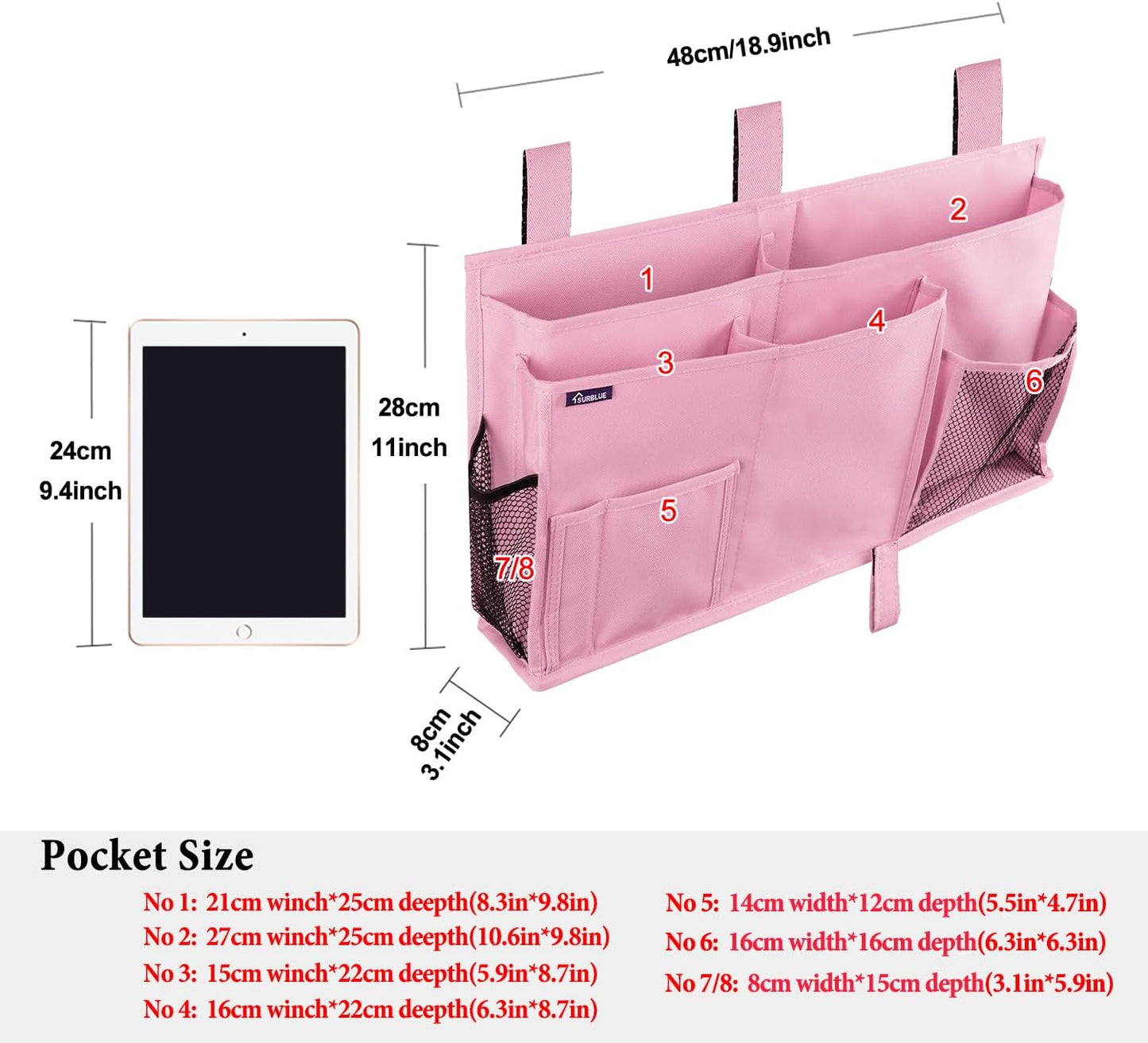 Surblue Caddy Hanging Organizer Bedside Storage Bag for Bunk and Hospital Beds, Pink, L