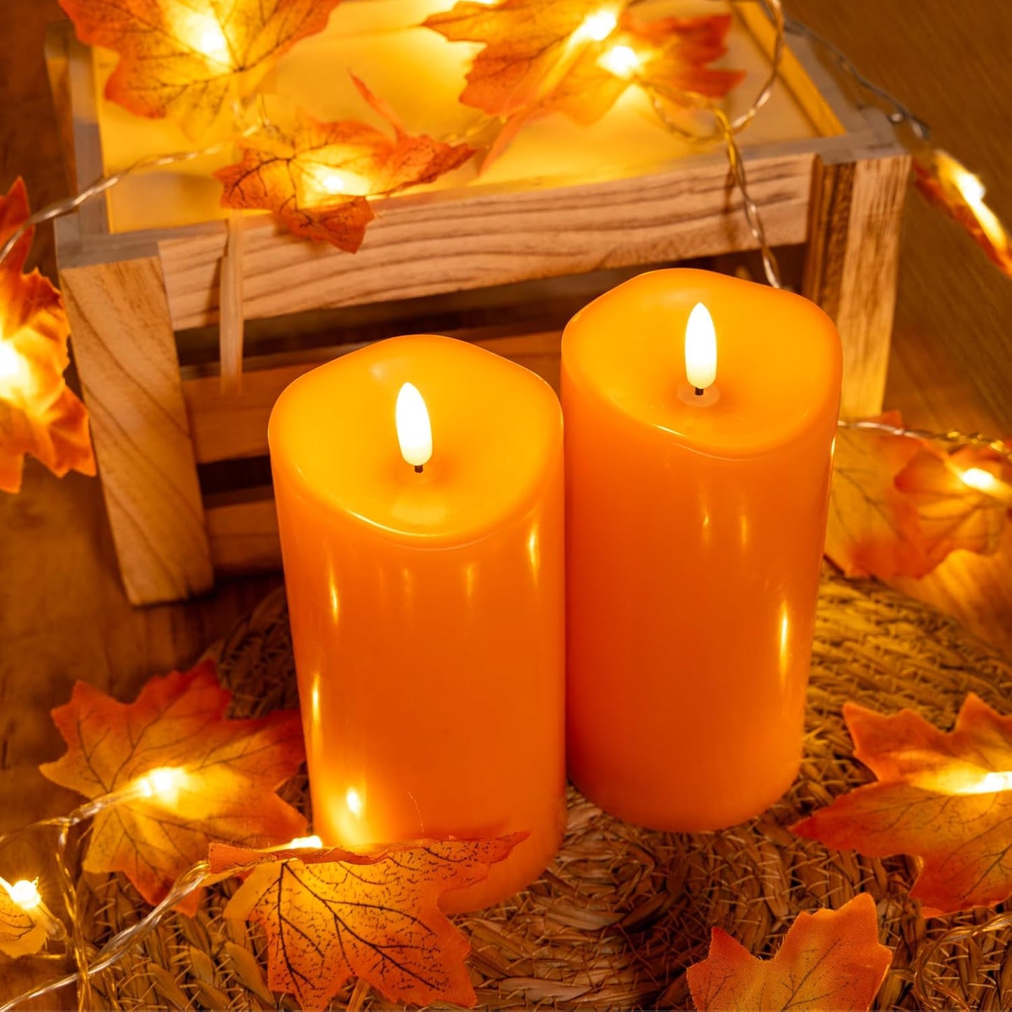 Outdoor Flameless Candles with Remote Timer - Waterproof Realistic Flickering LED Pillar Electric Battery Operated Fake Candle for Halloween Holiday Home Fireplace Decor - Orange 2 Pack (6"6")