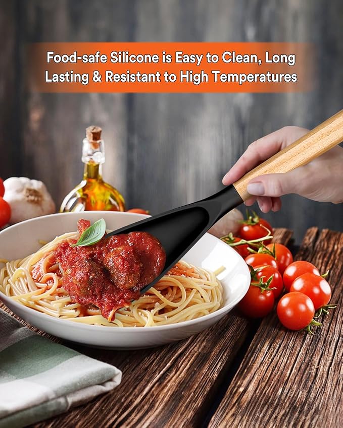 Cooking Spoon for Nonstick Cookwares, Great for Cooking and Serving Sturdy BPA-Free Matte Silicone, Wood Handle Spoon for Mixing, Scoop, and Scrape (Black & Grey, 13.4 inch)