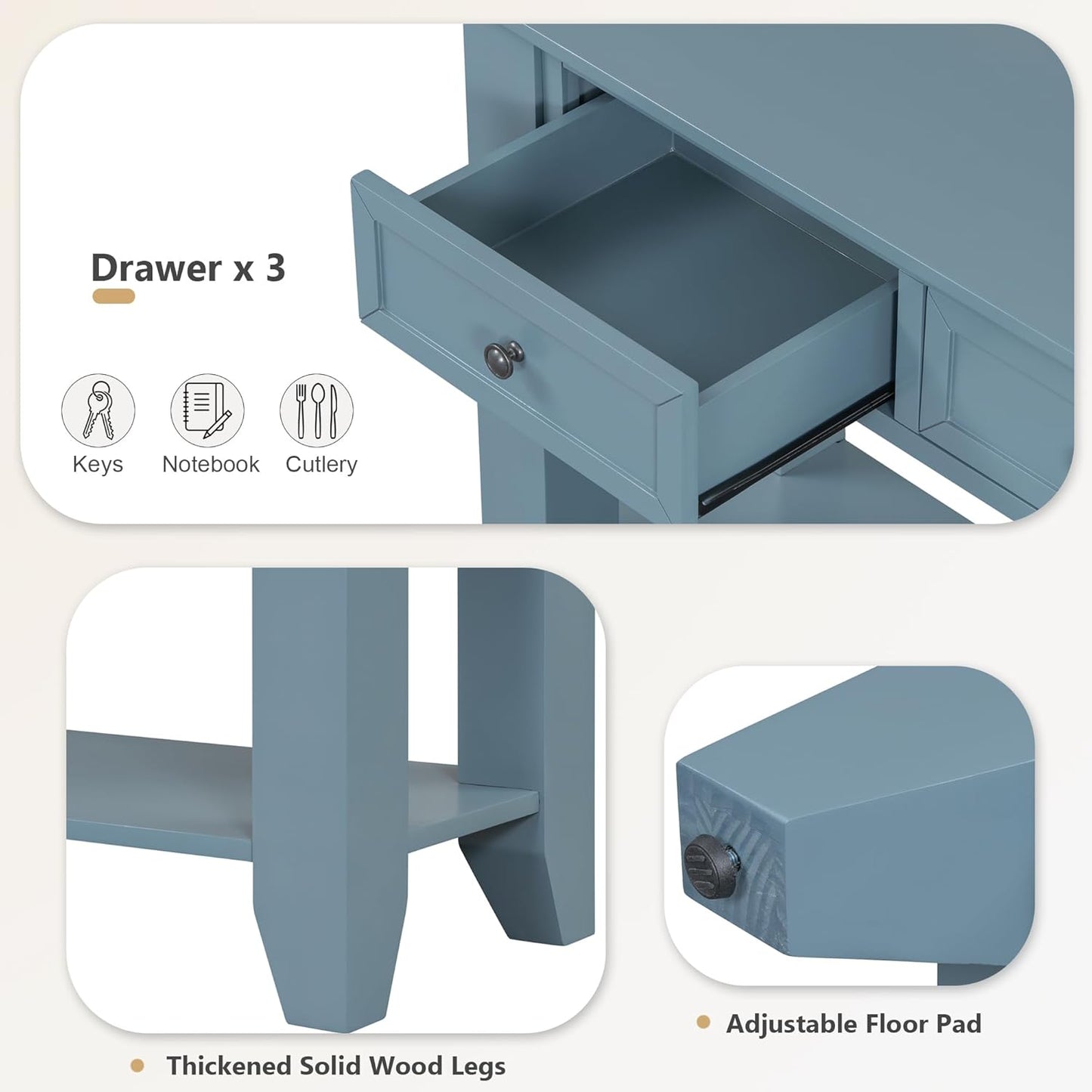 Farmhouse Modern Entryway Console Table 55.4'' Long Entry Sofa Table with Drawers & Storage Shelf for Living Room Hallway, Blue