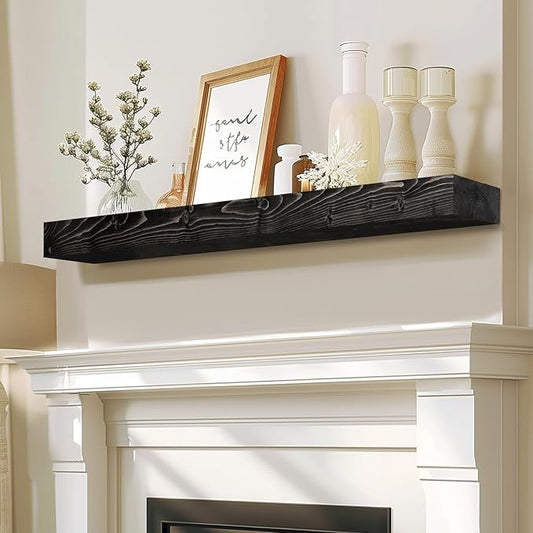 48x7x3 Fireplace Mantel - Solid Rustic Wood - Wall Mounted Floating Shelf with Invisible Heavy Duty Steel Bracket (Weathered Black)