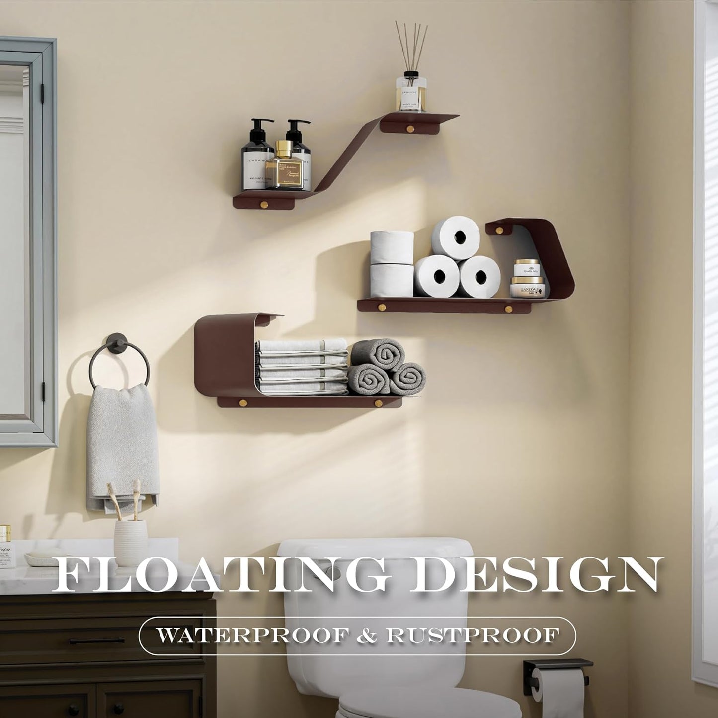 Floating Shelves, Wall Shelf, Set of 3 Wall Mounted Metal Shelves with Unique Design for Wall Storage, Book Shelf, Display Shelves for Bathroom Bedroom Kitchen Living Room for Home Brown