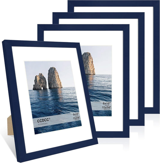 11x14 Picture Frame Set of 4, 11 x 14 Wood Photo Frames with Mat for 8x10, Natural Wooden Frame with Real Glass Cover for Wall and Tabletop Display,Blue