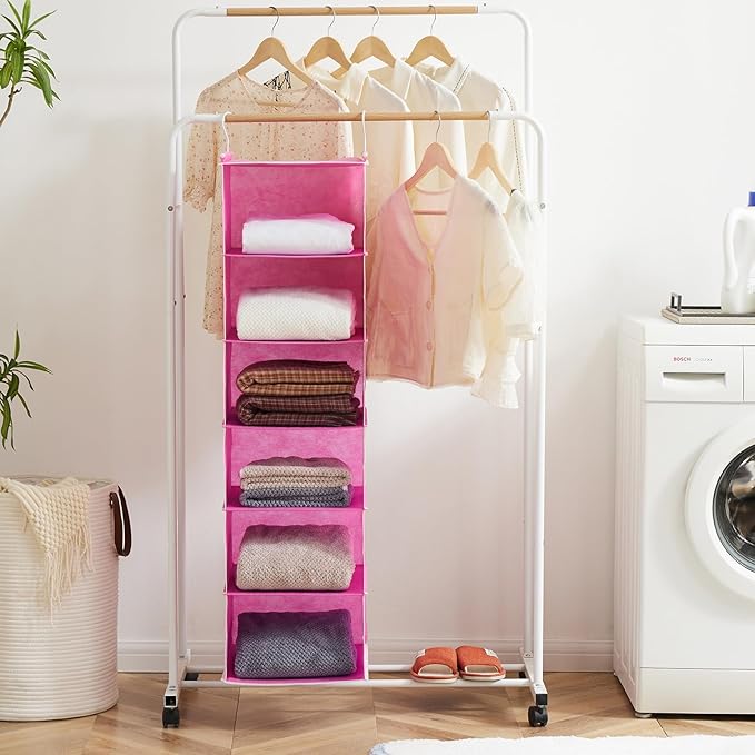 MAX Houser 6-Shelf Hanging Closet Organizer, Hanging Storage Shelves with 2 Sturdy Hooks Space-Saving for Bedroom, Foldable (Pink)
