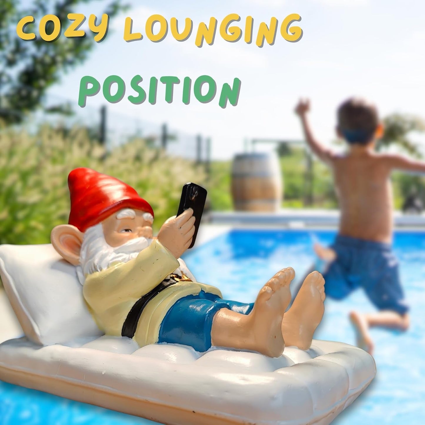 Relaxing Pool Gnome with Smartphone - 5.6" Heavy Resin Garden Statue - Weather-Resistant Funny Lawn Ornament - Summer Patio Decor - Unique Housewarming Gift