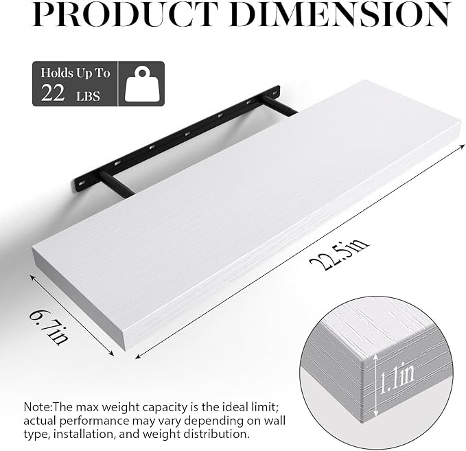 BAYKA Floating Shelves for Wall, 22.5 inches Wall Mounted Rustic Wood Shelves for Bathroom, Bedroom, Living Room, Floating Shelves for Books/Storage/Decor (White,Set of 3)