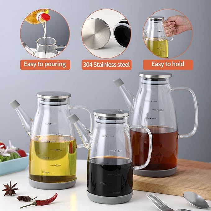 Large Glass Oil Dispenser Bottle for Kitchen Cooking Recipiente Para Aceite De Cocina Olive Oil Vinegar Dispenser Cruet Stainless Steel Lid No Drip Liquid Container (Clear, 27oz / 800ml)