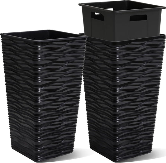 Worth Garden 2-Pack 22" H. Black Square Tapered Planter with Inside Pots - Plastic Plant Pots for Indoor Outdoor - Modern Wavy Finish Decorative Flower Pots for Front Porch Containers Patio Deck