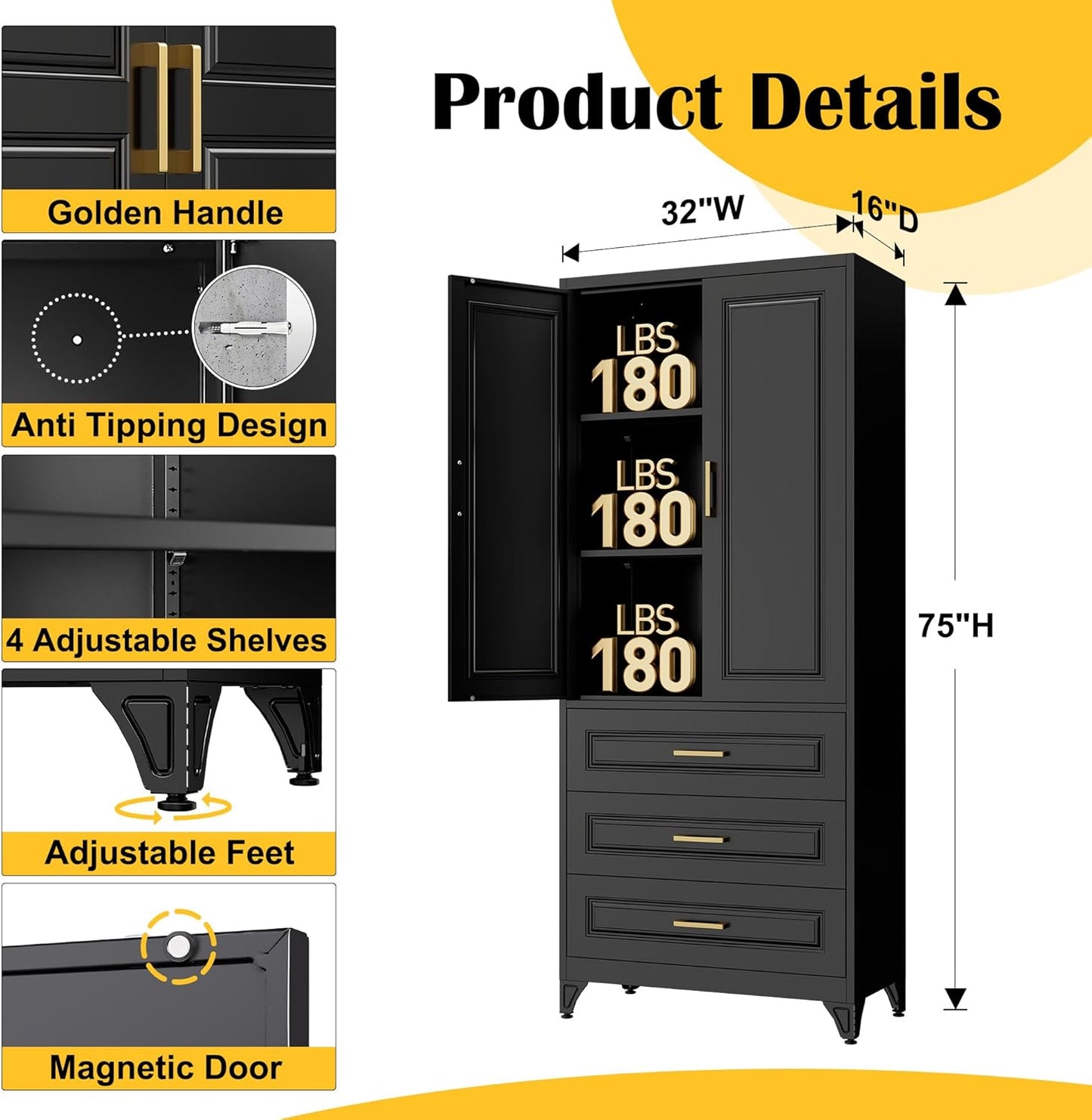 75" Kitchen Pantry Cabinet with 3 Drawers,Metal Storage Cabinets with Doors and 4 Adjustable Shelves,Black Kitchen Cabinet with 2 Gold Handles,Food Cupboard for Livingroom, Bathroom,Pantry