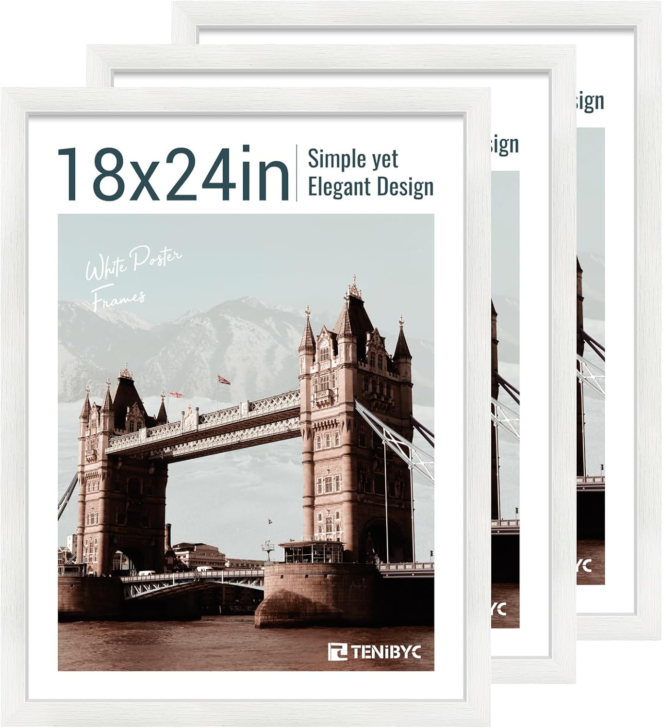 18x24 Poster Frame 3 Pack - White Woodgrain, Solid Wood Gallery Picture Frame - Wall Hanging