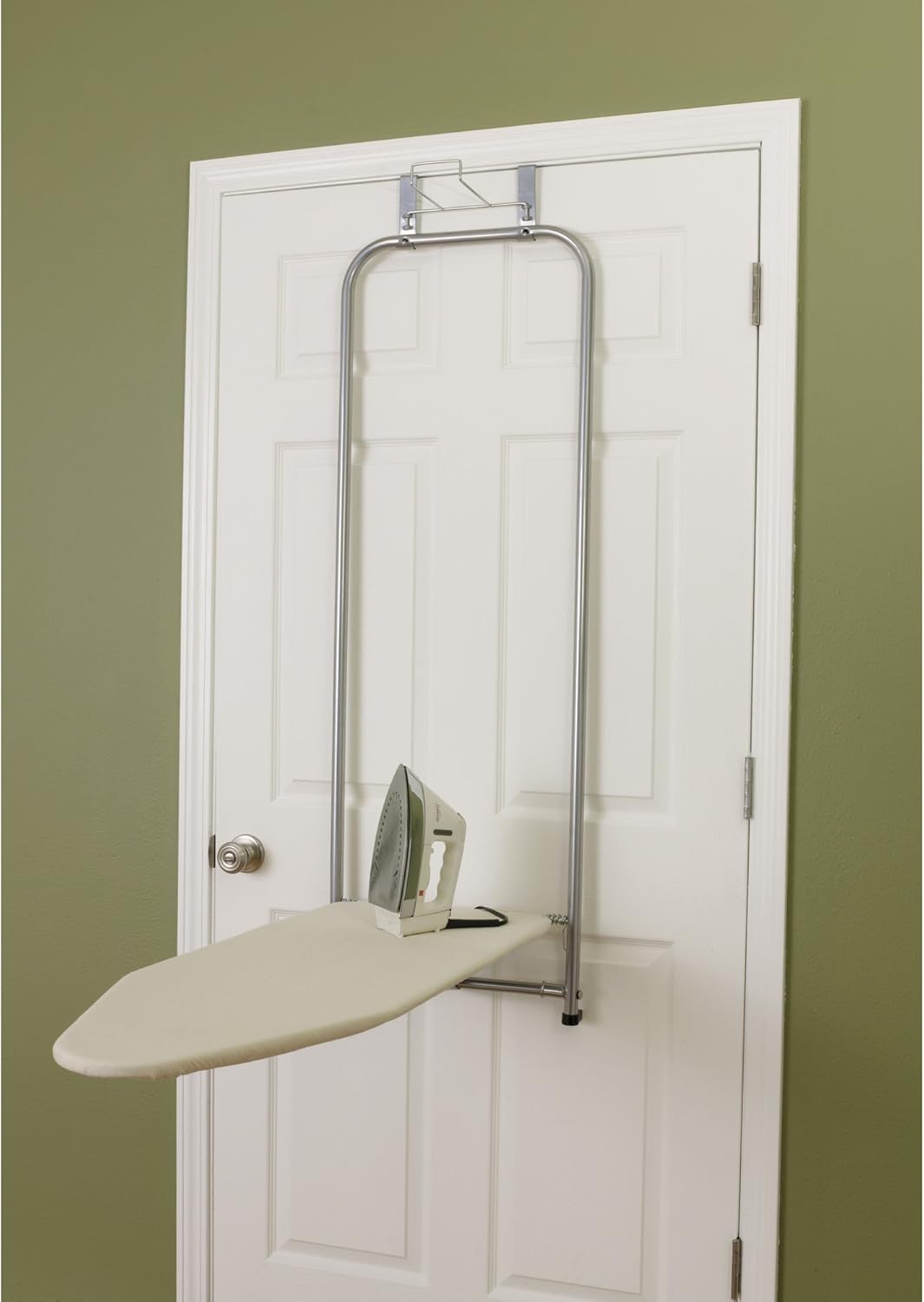 Household Essentials 144222 Over The Door Small Ironing Board with Iron Holder, Natural Cotton Cover Silver