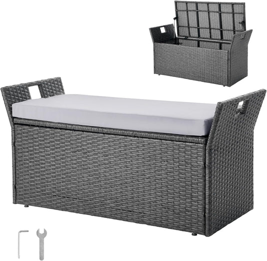 VEVOR Outdoor Storage Bench, 2-Person PE Rattan Storage Bench, 40 Gal Deck Box with Cushion & Side Handle, Supports up to 400 lbs, Weatherproof Outdoor Seating & Porch Decor for Patio Garden Balcony