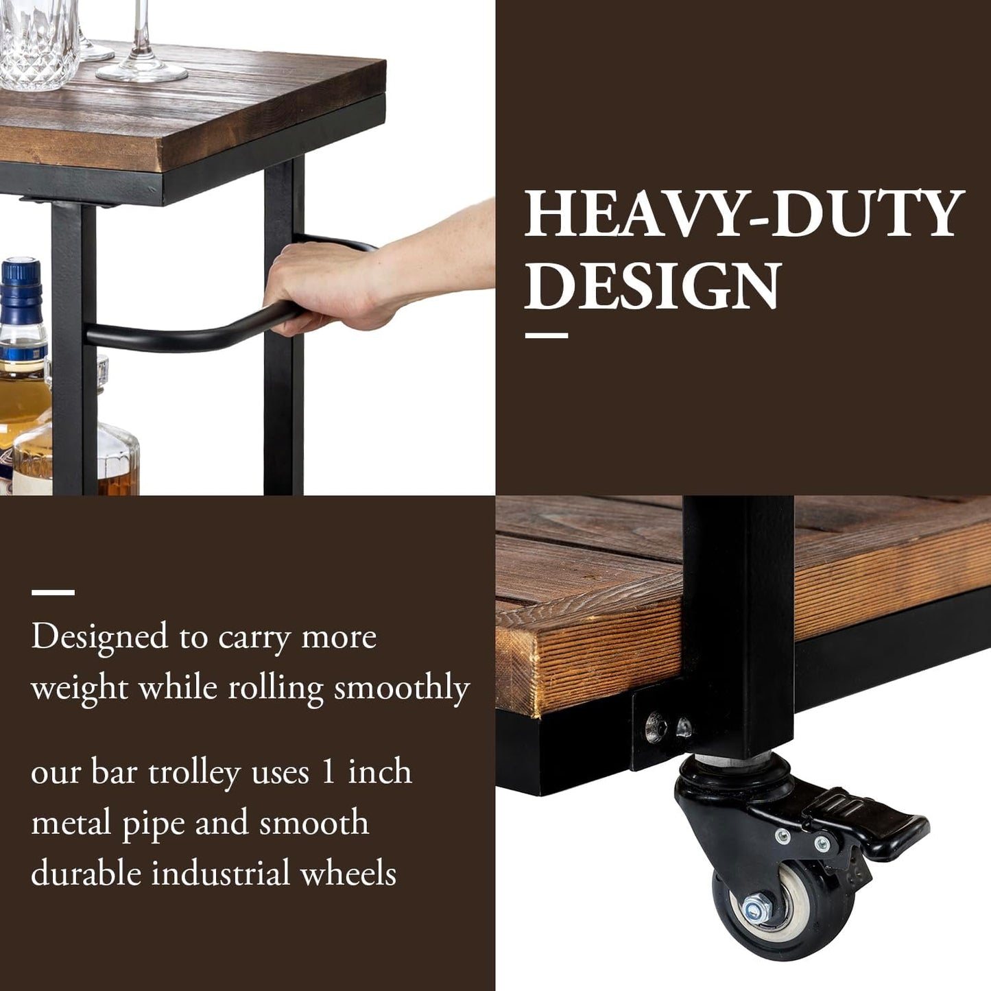 Bar Carts for The Home, Rolling Home Bar Serving Cart on Wheels, 3 Tier Portable Bar Cart, Rolling Coffee Cart with Lockable Wheels, Rustic Burnt Solid Wood and Industrial Matte Black Metal