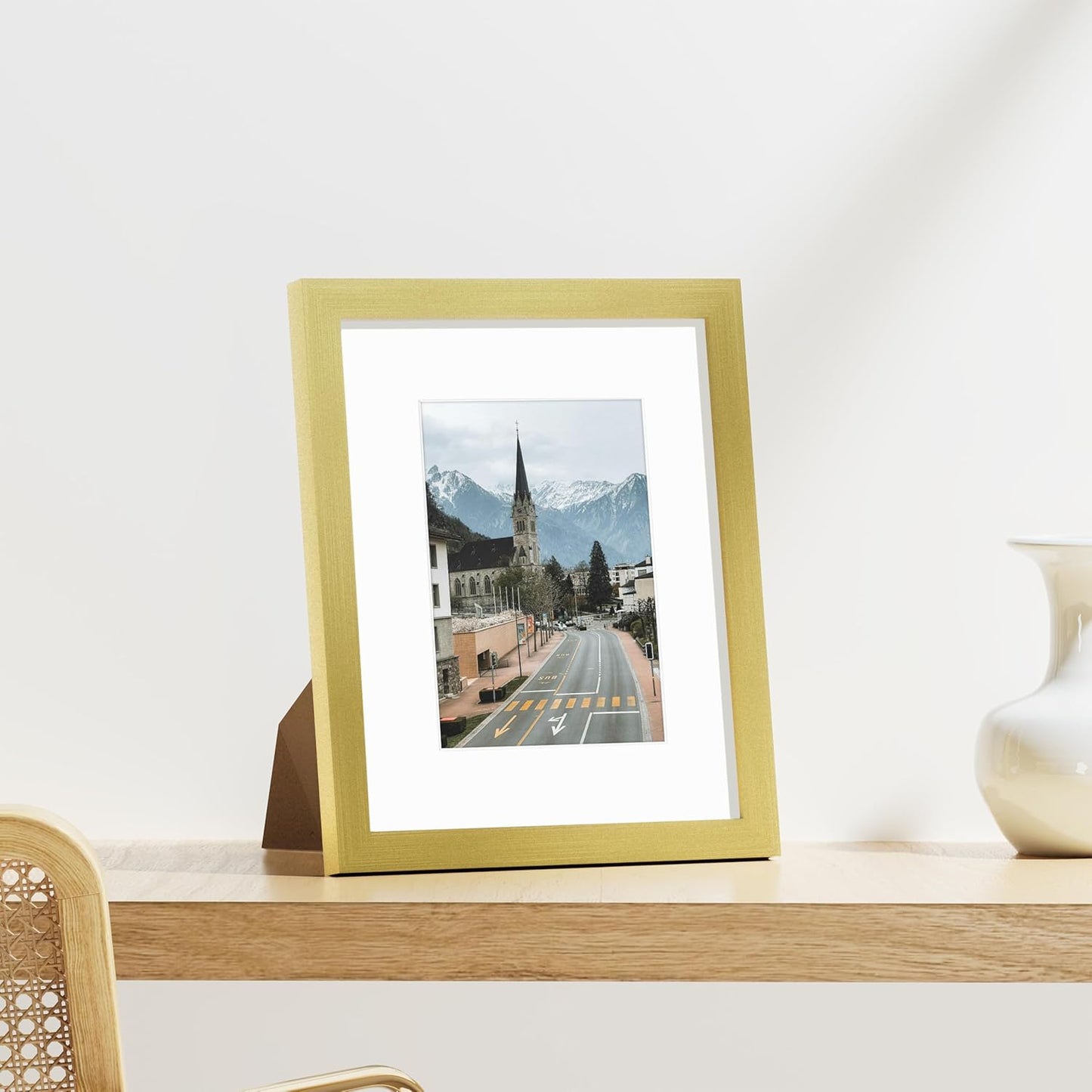 Vittanly 8x10 Picture Frames Set of 9, Shatter Resistant Plexiglass, Display 5x7 Pictures with Mat or 8x10 without Mat, Photo Frames for Wall or Tabletop, Engineered Wood, Gold