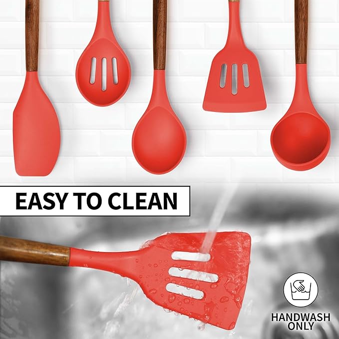 Zulay Kitchen Utensils Set Non-Stick Silicone Cooking Utensils Set with Authentic Acacia Wood Handles - 5 Piece Silicone Utensil Set - Silicone Kitchen Utensils Set with 464°F Heat Resistance - Red
