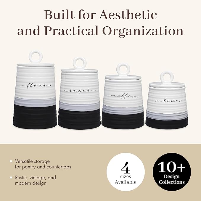 Young's Inc. 4 Pcs Set Rustic Modern Ceramic Canisters- Storage Container for Kitchen and Bathroom - Beautiful Home Decor Accent to Store Food, Coffee, Tea, and More - Black, White