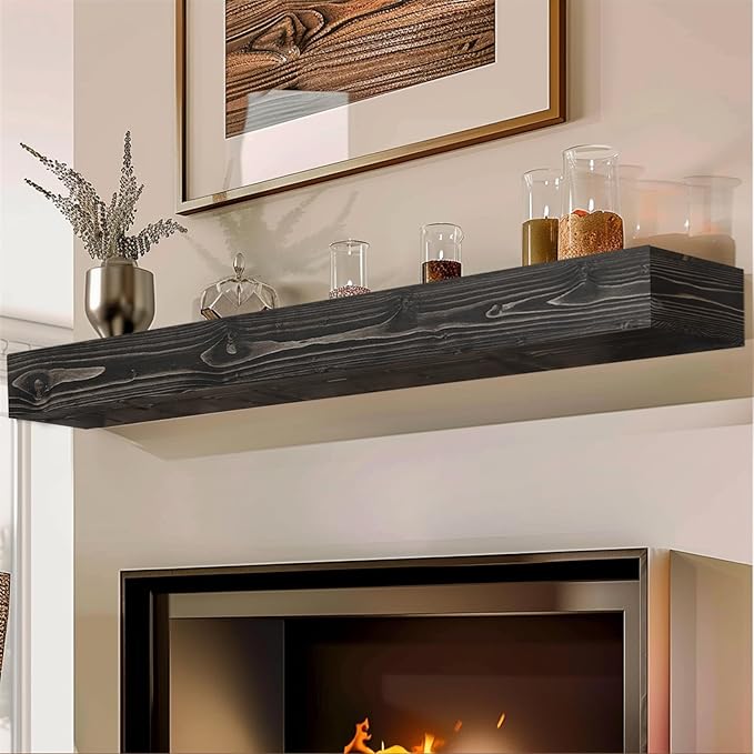 60x8x5 Fireplace Mantel - Handcrafted Hollow Rustic Solid Wood Wall Mounted Floating Shelf with Invisible Heavy Duty Wood Bracket (Weathered Black)