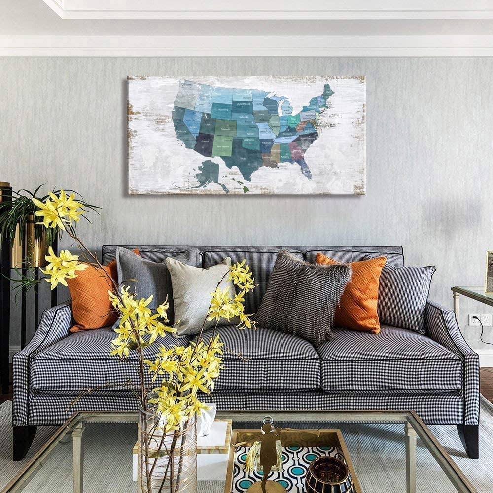 Map of The United States Wall Decor Map Canvas Wall Art for Wall Decoration Wood Background USA Canvas Prints for Bedroom Office Kitchen Home Wall Decor Framed Artwork Ready to Hang24 x48