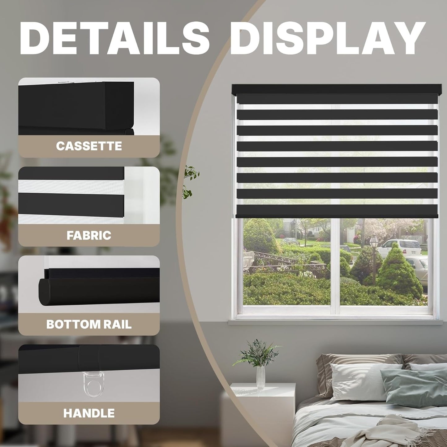 HESTIA Cordless Zebra Blinds Light Filtering Roller Shades UV Blocking Blackout Privacy Indoor Window Shades for Home Office Day and Night, Black,49" W x 54" H