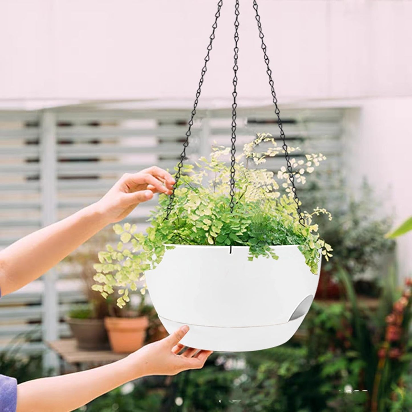2 Pack Hanging Planters for Indoor Outdoor Plants, 8 Inch Self Watering Hanging Pot with Drainage Holes and Saucer, Plastic Plant Pots, White Flower Pots for Kitchen, Balcony, Garden