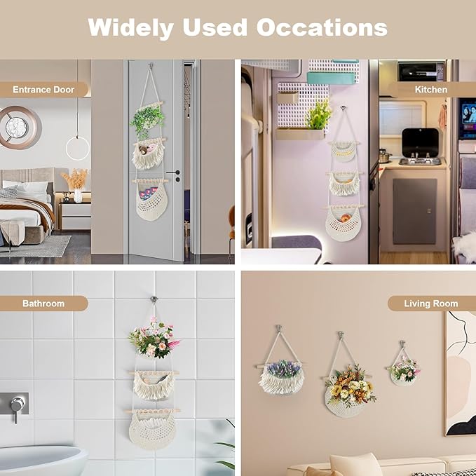 Hanging Baskets for Organizing, 3 Tier Detachable Wall Hanging Fruit Basket Over the Door Organizer for Fruit Vegetable Plant, Beige Boho Cotton Crocheted Fruit Holder for Kitchen Bathroom Bedroom