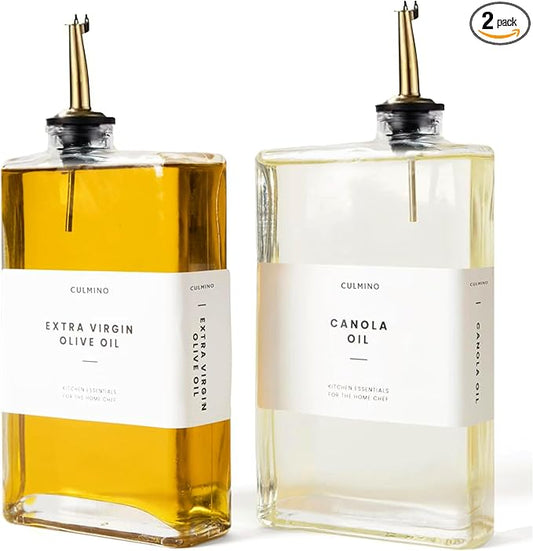 Premium Glass Olive Oil Dispenser Bottle 350ml | Cooking Oil and Vinegar Dispenser Set of 2 | Oil Dispenser for Kitchen with 2 Gold Pourers, Funnel, Brush & 36 Labels
