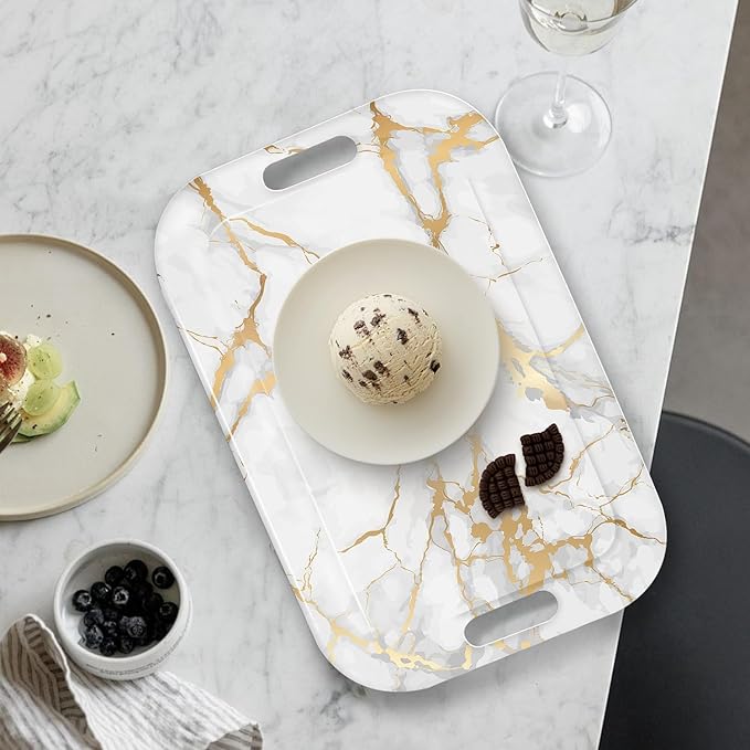 Serving Trays with Handles, 14.5 x 9.8 inch Rectangular Plastic Tray for Restaurant, Kitchen, Golden White Marble