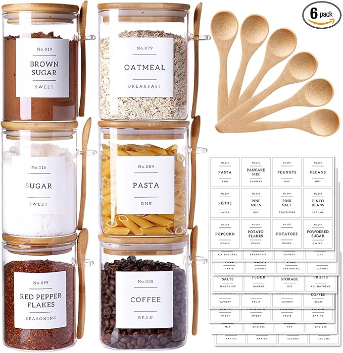 6 Pack Glass Jars with Bamboo Lid and Spoons - 17Oz/27Oz Borosilicate Glass Jars with 132 Pantry Labels - for Coffee Beans, Tea, Sugar & More
