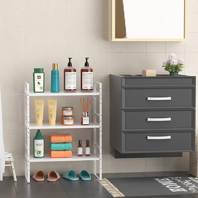 iPEGTOP Expandable Cabinet Storage Shelf Organizer Rack, Heavy Duty Cupboard Stand Spice Rack Adjustable Height Garage Pantry Shelf Space Riser for Counter Kitchen Organization, White, 1 Pack