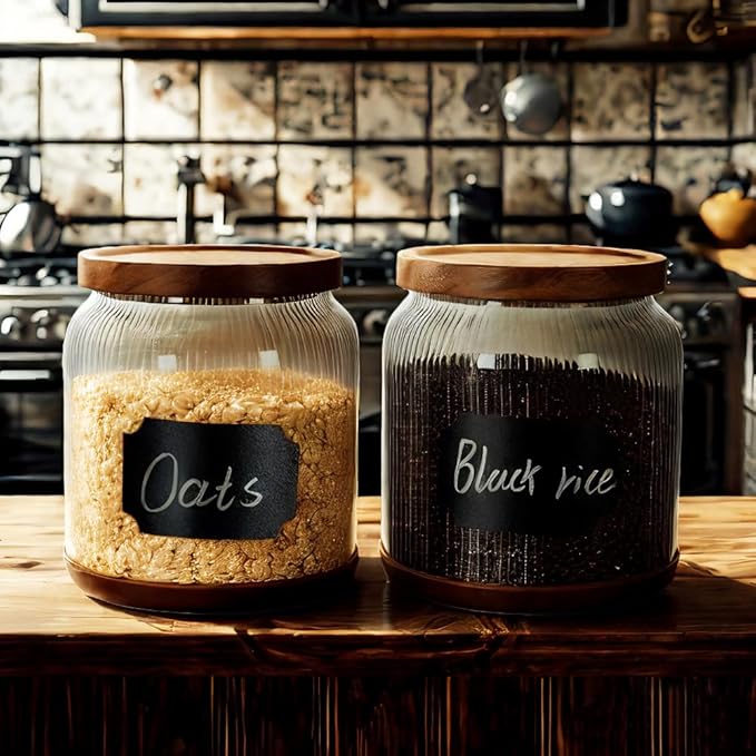 SAIOOL 2-Pack Striped Borosilicate Glass Airtight Canisters - Big mouth Large Capacity, Acacia Wood Lid, Food Storage Jars for Flour, Pasta, Pantry Organization (1/2 Gallon （Striped 2 pack）)