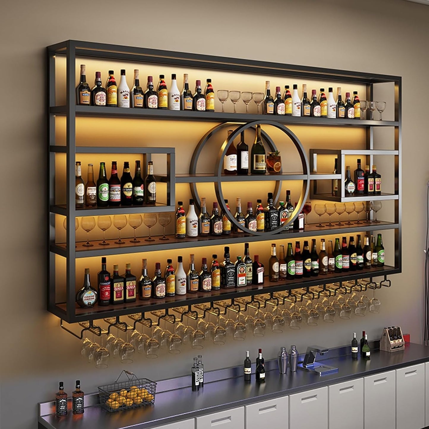 55.1in Wall Mounted Wine Rack, Modern Metal Wine Bottle and Glass Holder, Iron Display Stand Decorative Wine Rack, for Bar Living Room Dining Room Background (Black, 55.1 * 8 * 51INCHES)