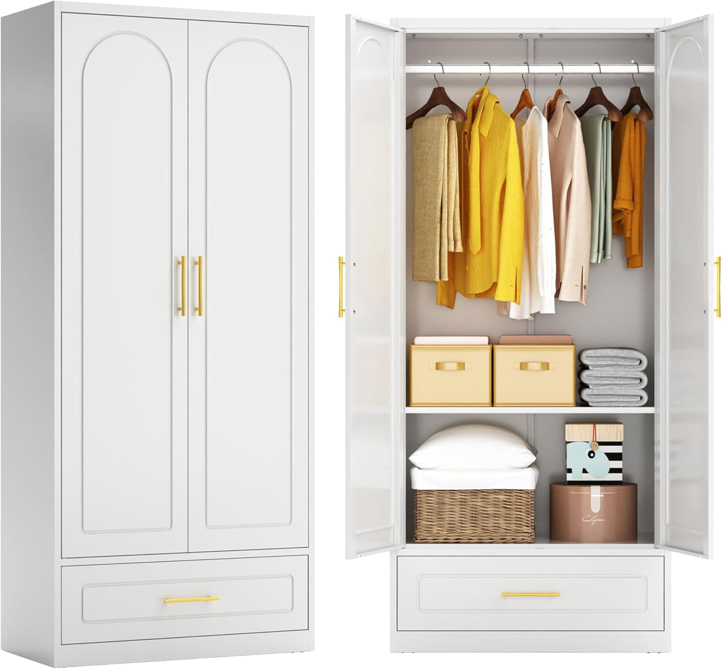 Metal Armoire Wardrobe Closet with 2 Doors, 71" Tall Wardrobe Cabinet with Hanging Rod, Drawers and Adjustable Shelves, White Clothing Storage Cabinets for Bedroom, Home Office