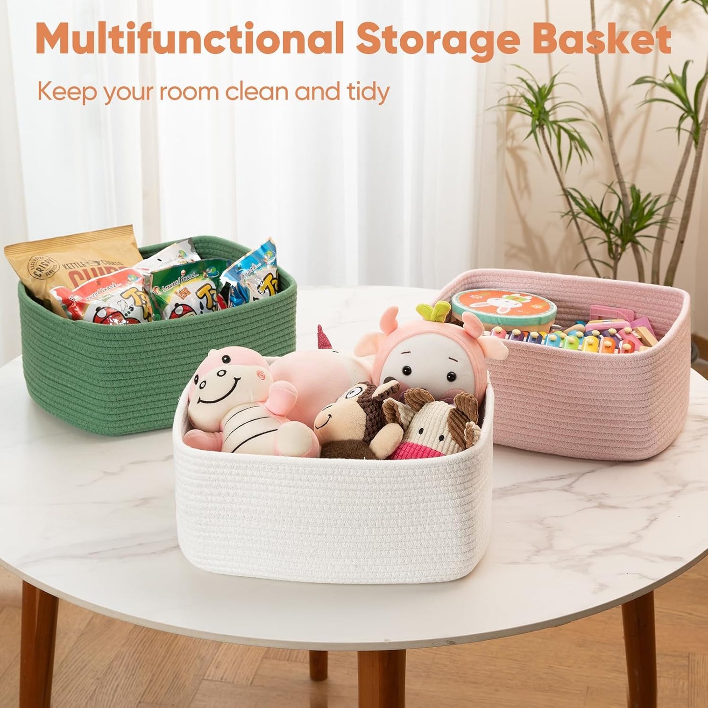 OIAHOMY 4 Pack 14.17*11.02*6.3IN Storage Baskets for Organizing Shelves, Woven Rope Baskets for Organizing Books, Clothes, Decorative Basket for Living Room, Nursery, Bedroom, Gift Basket, Green