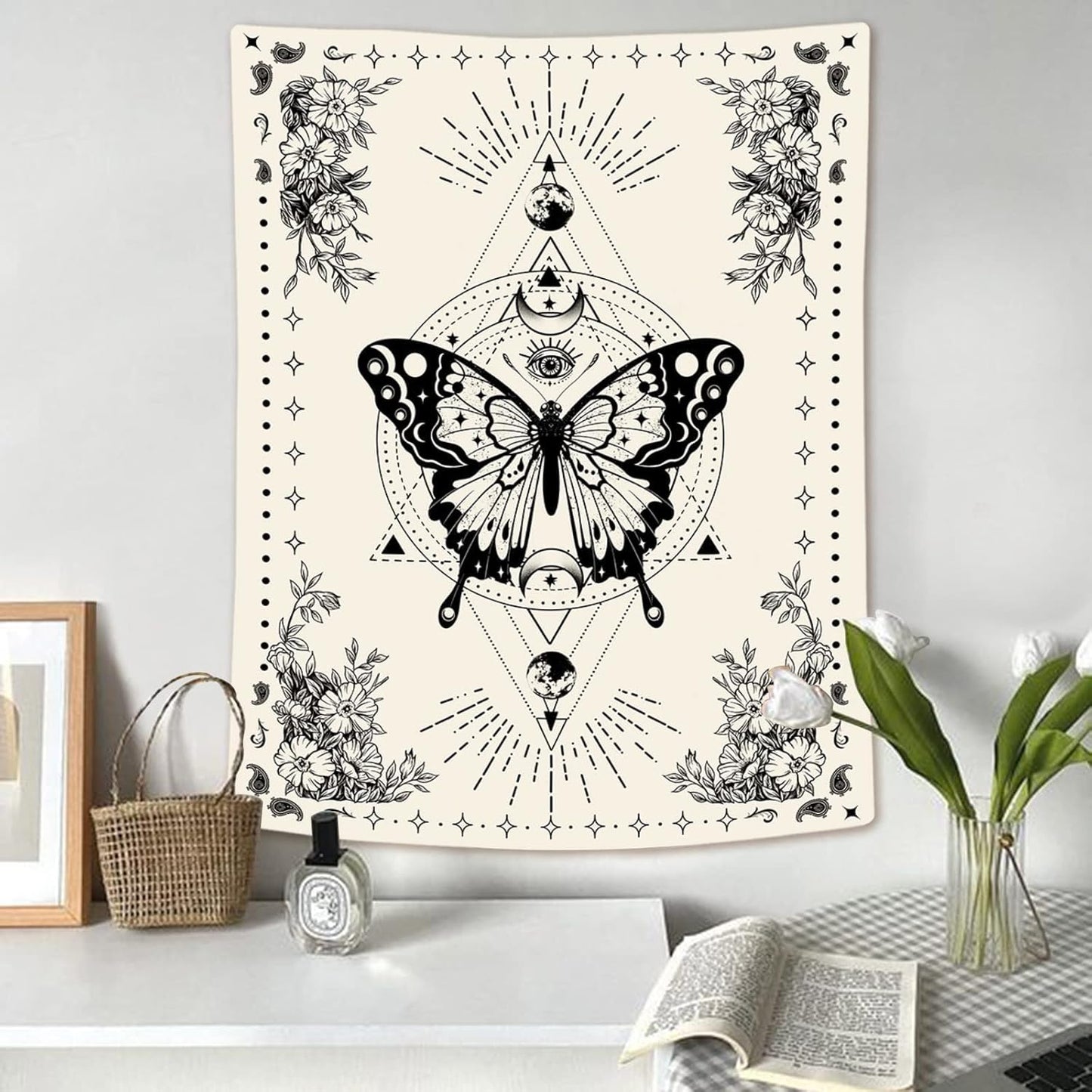 Lunerfex Boho Butterfly Tapestry Small Tapestry Tarot Tapestries Moon Phase Aesthetic Tapestries Wall Hanging for Bedroom and Living Room Decor Butterfly 44×60 Inches