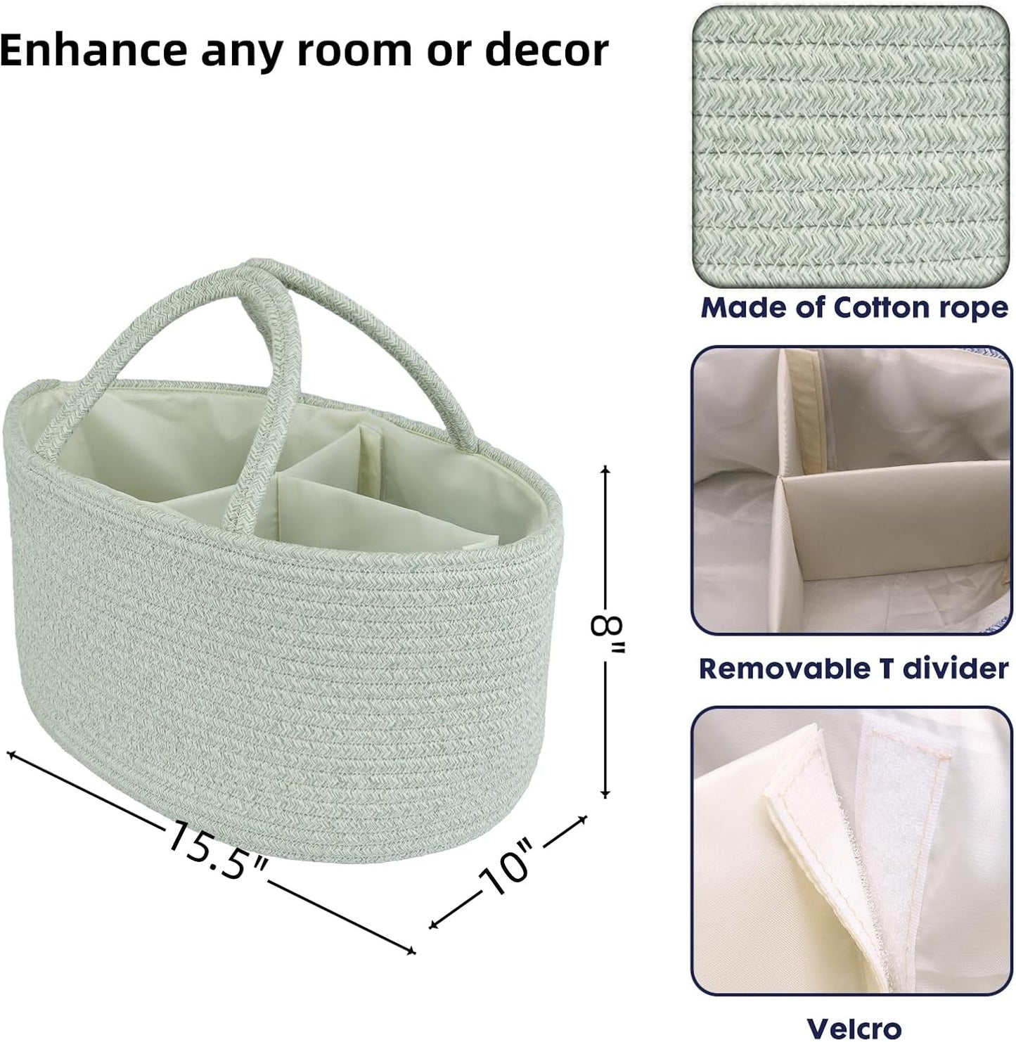 Diaper Caddy Organizer Cotton Rope Baby Basket Nursery Storage and Portable Tote Bag for Car Ideal Baby Shower Gifts and Registry Must-Have for Newborn Essentials Large light green