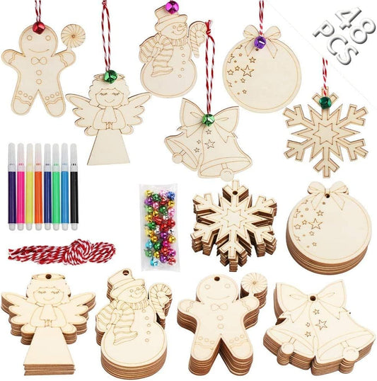 48PCS Christmas Crafts for Kids, Wooden Christmas Ornaments Unfinished Wood Slices with 6 Styles, DIY Christmas Ornaments Kits for Christmas Tree Holiday Hanging Decorations