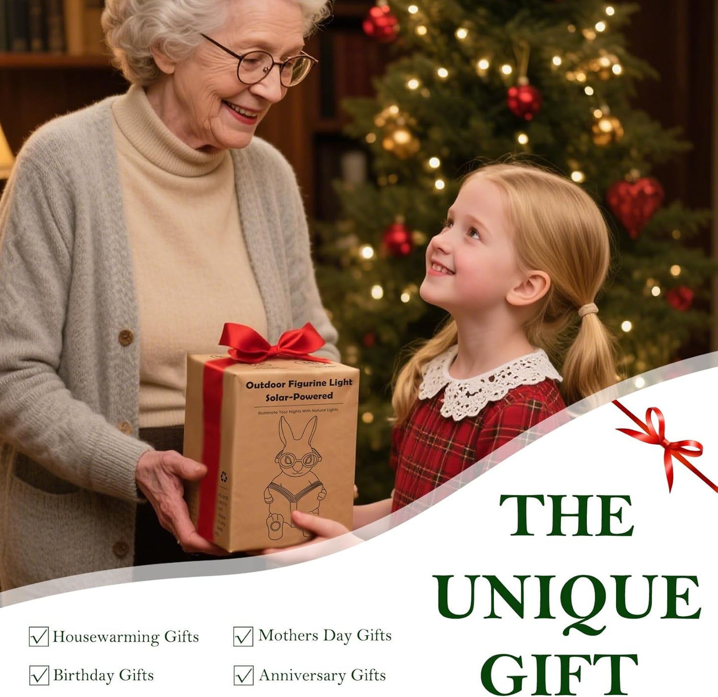 Solar Garden Decor, Adorable Rabbit Statue with Solar-Powered Glasses, Outdoor Decoration Lights for Patio, Yard & Balcony, for Kids, Mom & Grandma