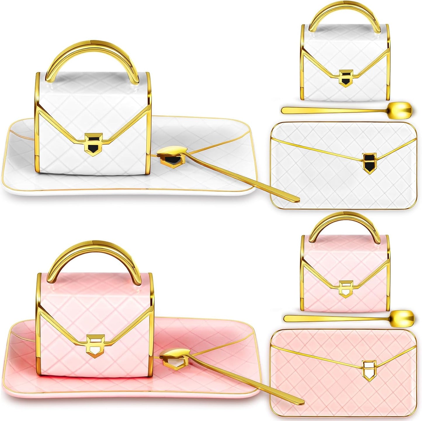 Zubebe 2 Sets Coffee Mug Elegant Handbag Shaped Cup Modern Ceramic Purse Mug with Spoon and Saucer, 10oz Cute Creative Tea Cup for Office Home Woman Girls Gift (Pink and White)