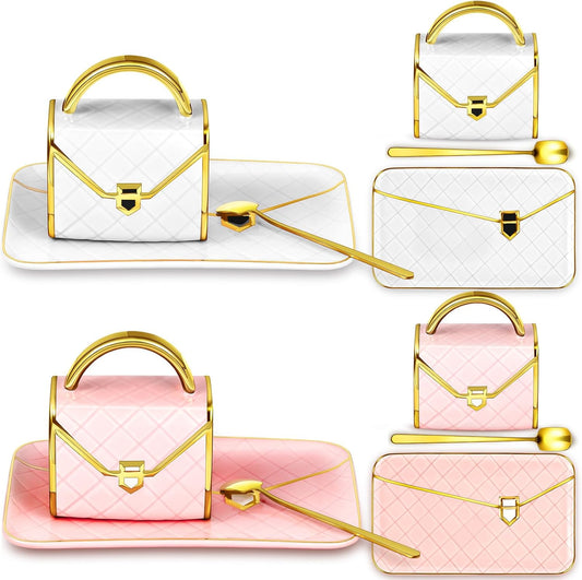 Zubebe 2 Sets Coffee Mug Elegant Handbag Shaped Cup Modern Ceramic Purse Mug with Spoon and Saucer, 10oz Cute Creative Tea Cup for Office Home Woman Girls Gift (Pink and White)