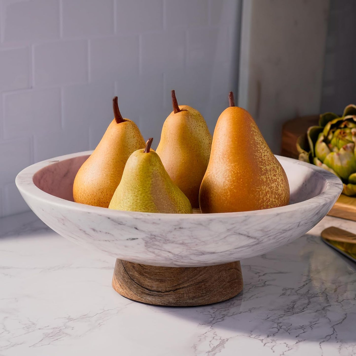 Cork & Mill Marble Decorative Bowl for Home Decor - Handcrafted Natural Stone with Acacia Wood Pedestal - Versatile 11" Catch All for Entryway, Kitchen Fruit Bowl, Potpourri, Dining Table Centerpiece