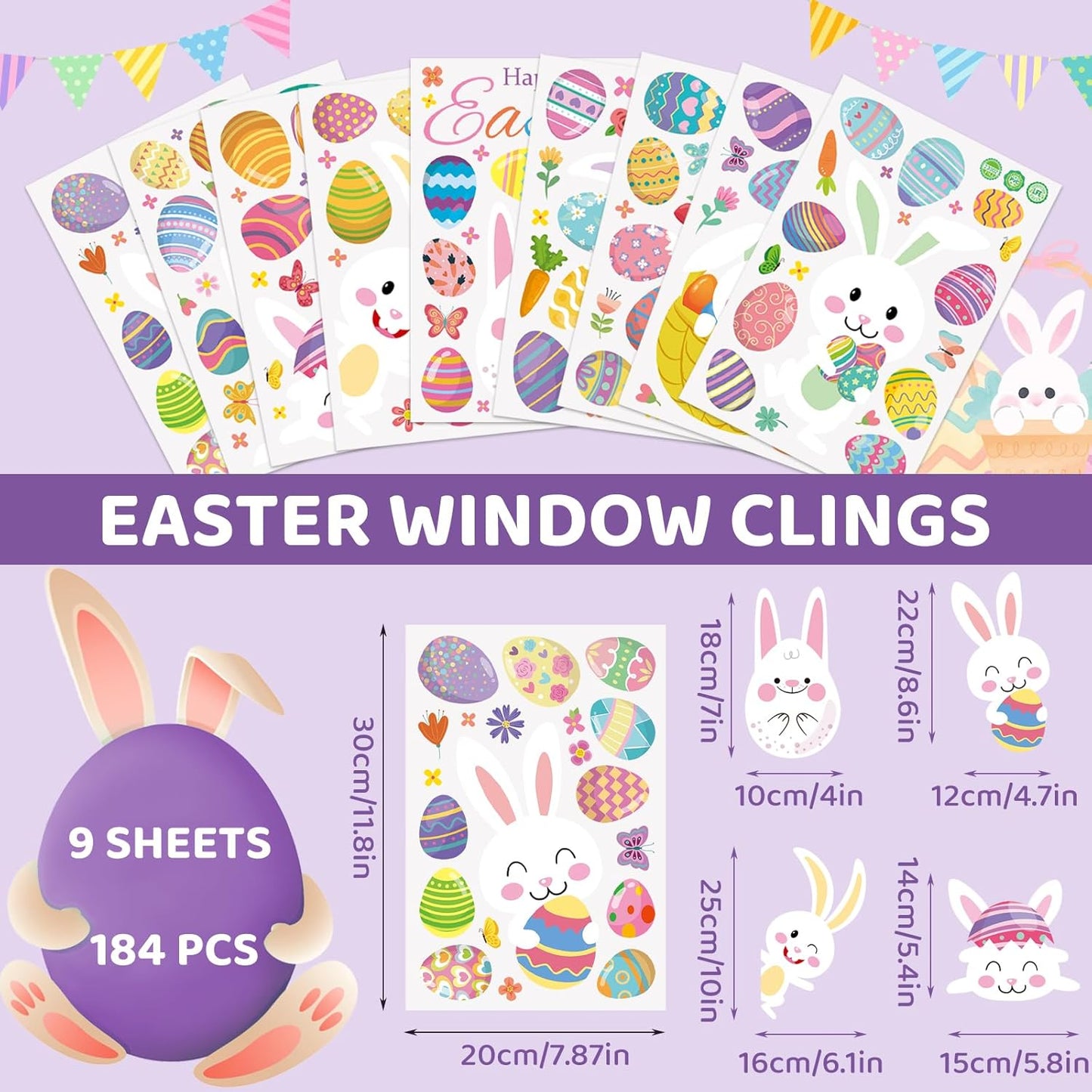 DC-BEAUTIFUL 184 PCS Easter Window Clings, 9 Sheets Double Sided Bunny Egg Easter Decoration Window Stickers, Reusable Static Holiday Window Decals for Home Office School Shop Spring Party Decors