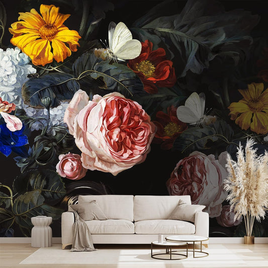 Vintage Black Flowers Mural Bedroom Peony Floral Wallpaper Room Decor Living Room tv Background Large Wall Mural - 183"x120" (Not Peel and Stick)