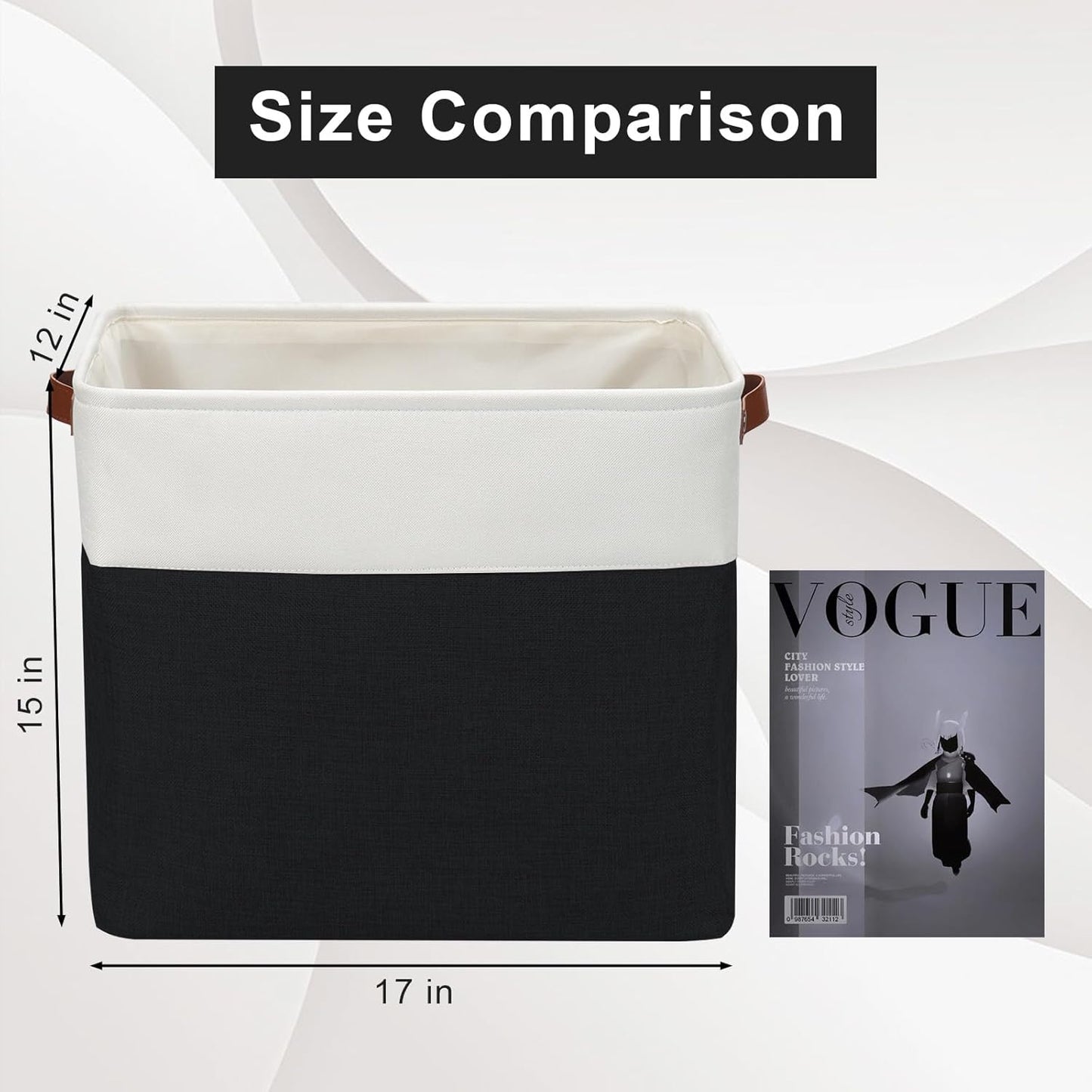 Large Fabric Storage Baskets | 50L Storage Bins, Decorative Linen Closet Baskets with Handles for Organizing, Shelf, Toys, Clothes, Home, Office, Nursery, 17x12x15Inches (Black&White)