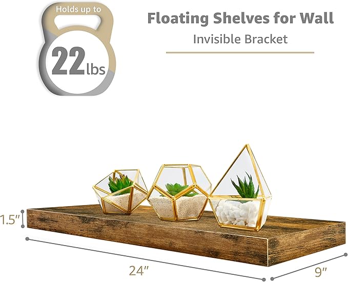 Sorbus Floating Shelves for Wall - 24" Bathroom Shelves, Wall Decor for Bedroom, Kitchen, Living Room, Home Decor & Book storage - Mounted Floating Shelf with Invisible Brackets (Rustic Brown, 4 Pack)