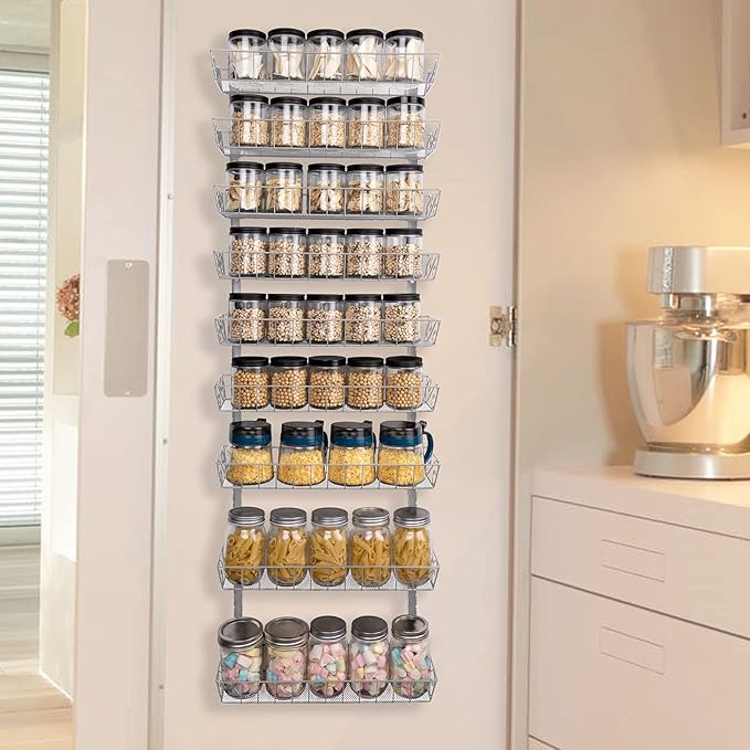 SWOMMOLY Adjustable Wall Mount Spice Rack, 9-Tier Dual-use (Multi-use) Organizer, Silver