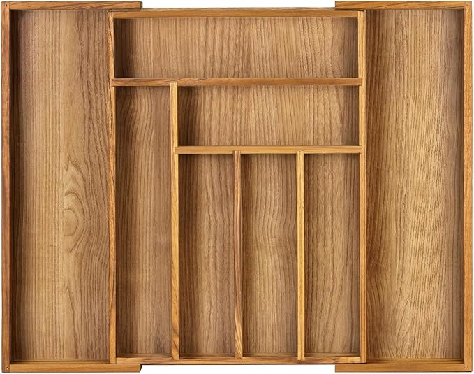 VaeFae Teak Drawer Organizer, Large Silverware Organizer, Expandable Utensil Organizer for Kitchen Drawer, Wooden Cutlery Tray Drawer Dividers Organizer
