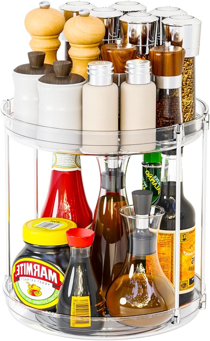 2 Tier Lazy Susan Turntable for Cabinet,Countertop,Pantry,9.5"W Spinning Seasoning Organizer,Double Rotating Kitchen Spice Rack Organizer and Condiments,Medicine,Vitamin Bottle Organizer Carousels,1Pc